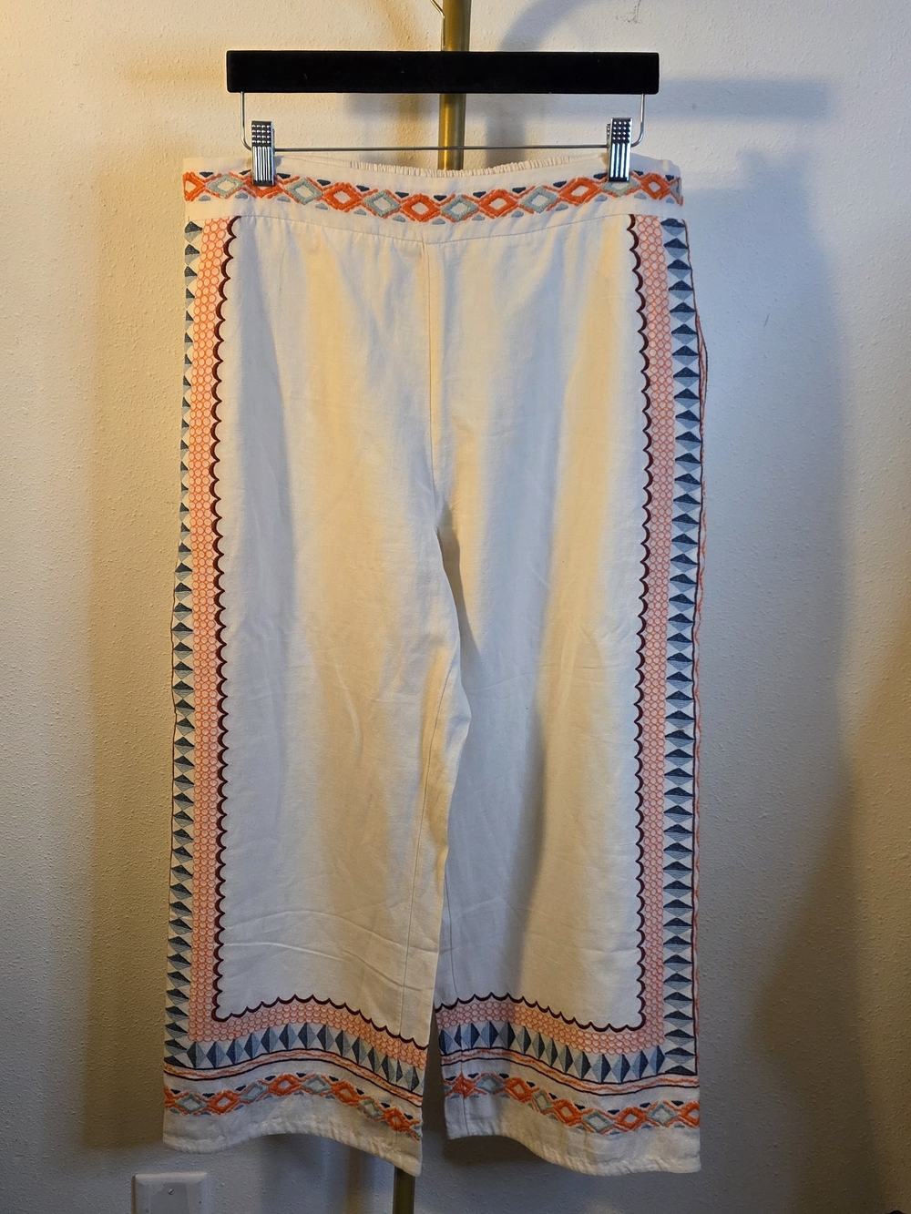 Anthropologie Cream Pants with Coral & Teal Embroidery